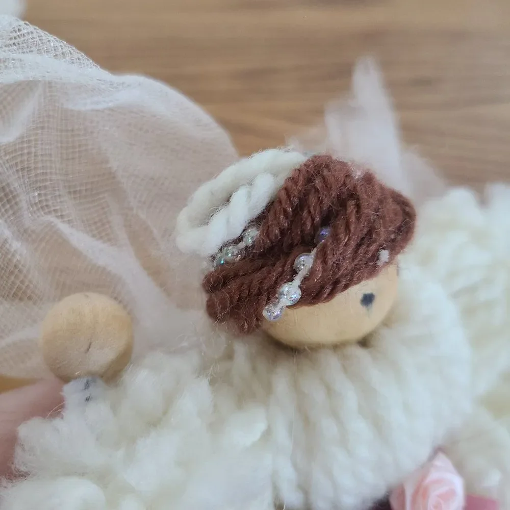 Vintage Five Yarn Mop Dolls Thimble Wood Bead Satin Ribbon Tulle Accent Handmade